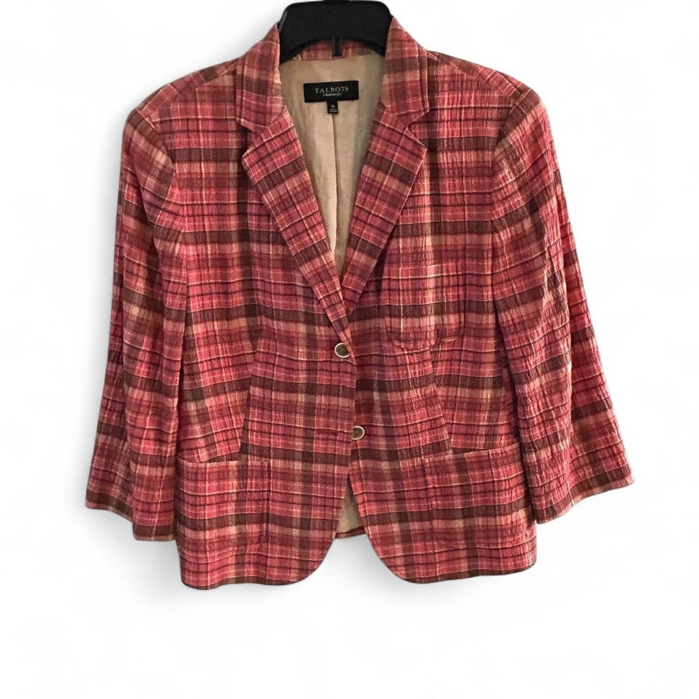 Talbots Red and Brown Plaid Blazer with‎ Notched Lapel